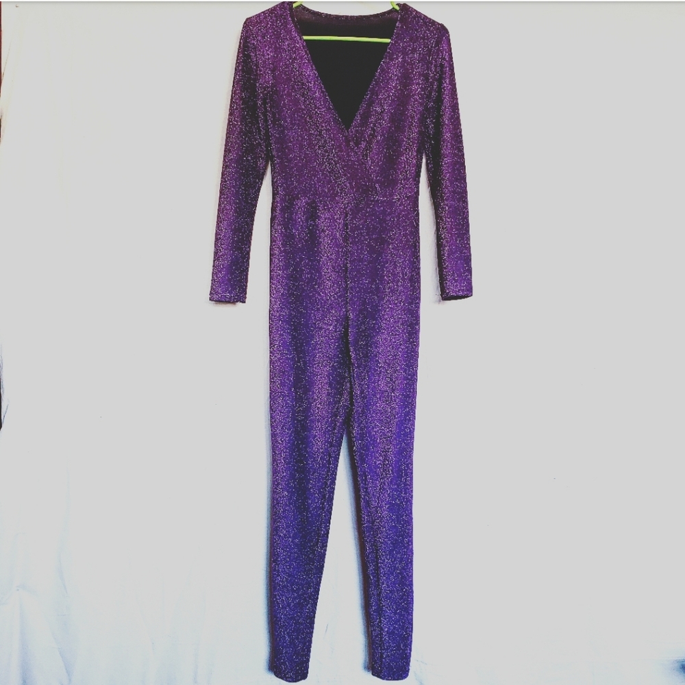 Vintage purple sparkle bodysuit 70s disco onesie